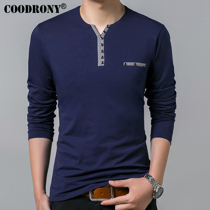 COODRONY Cotton T Shirt Men 2019 Spring Autumn New Long Sleeve T-Shirt Men Henry Collar Tee Shirt Men Fashion Casual Tops 7617 CX200703