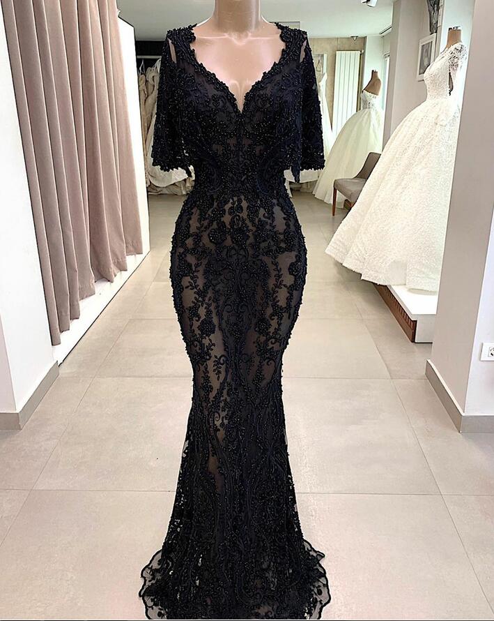 gorgeous black mermaid party dresses vneck applique lace beaded evening dress sweep train custom made formal women gown hot sell