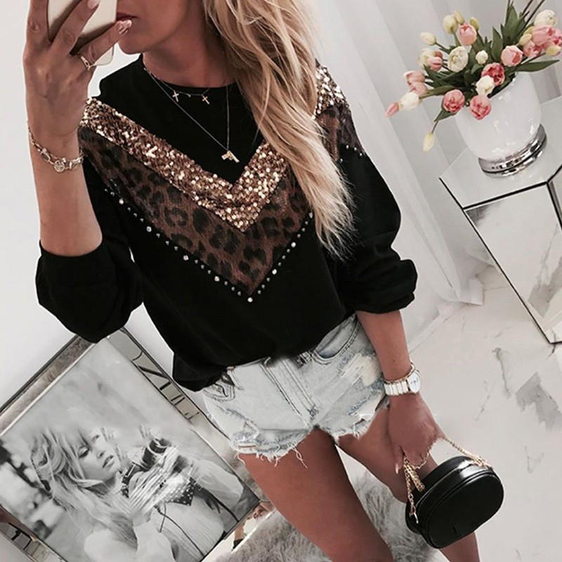 Casual Glitter Leopard Patchwork T-Shirts For Women | Long Sleeve Black Pullover Tops B4