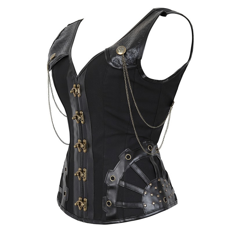Women Black Steampunk Gothic Halterneck Overbust Corset Vest with Buttons and Gold Chain Accents Classic Lace Up Plastic Boned Clubwear XXL