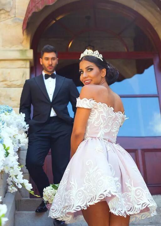 2019 Cheap Arabic Pink Off Shoulder Wedding Dress Fashion A Line Mini Short Backless Club Wear Homecoming Party Dress Plus Size Custom Mak