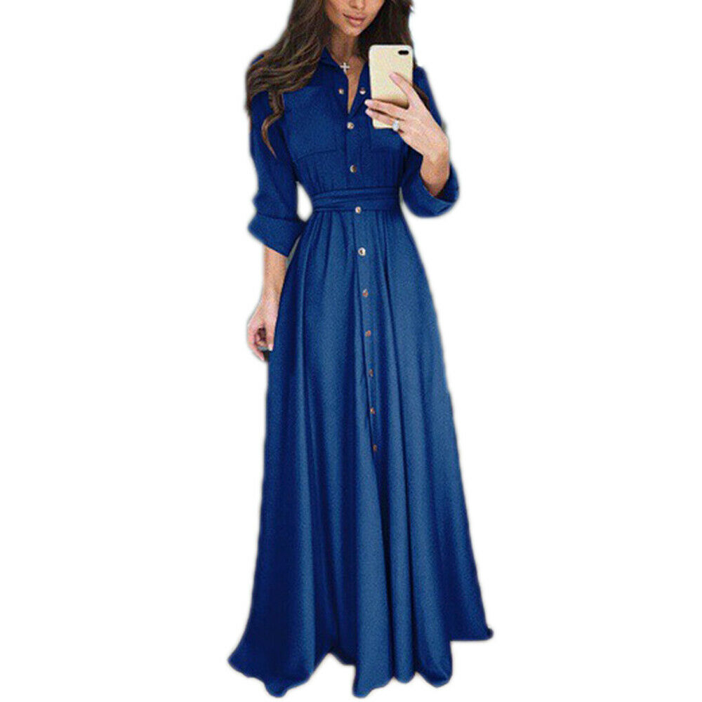 Casual Dresses Summer Autumn Female Buttons V Neck Long Sleeve Solid Black Red Loose Big Size Maxi Dress Women Fashion T