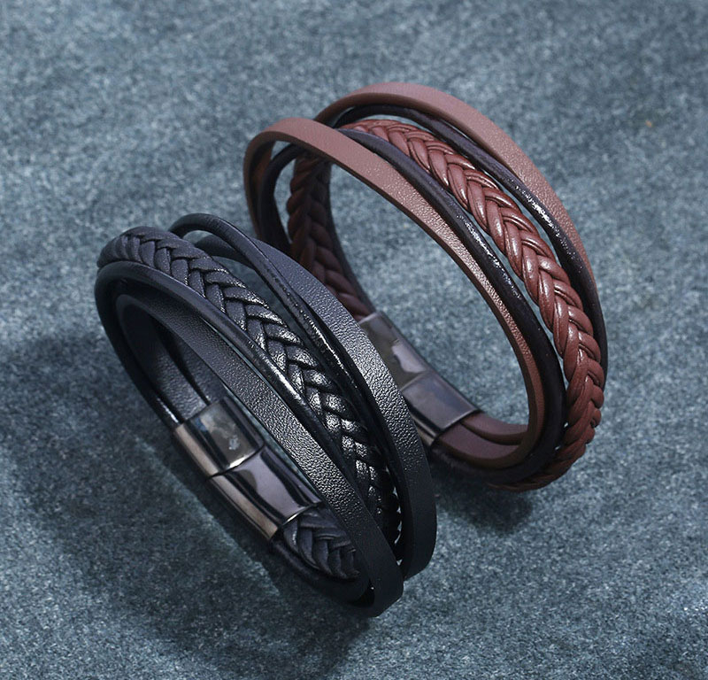 Simple Handmade Weave Multilayer Leather Stainless Steel Charm Bracelets Black Brown Rock Bangle Jewelry For Women Men