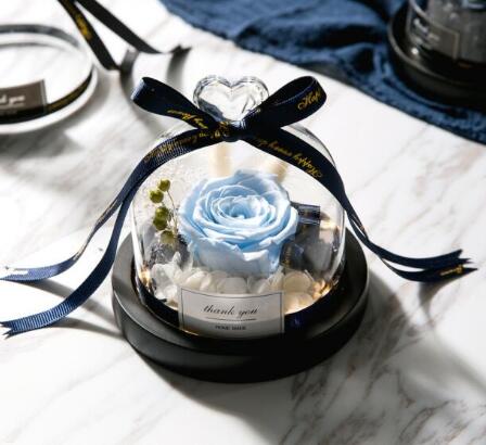 Decorative Flowers & Wreaths) Preserved Valentines Day Gift Exclusive Rose In Glass Dome With Lights Eternal Real