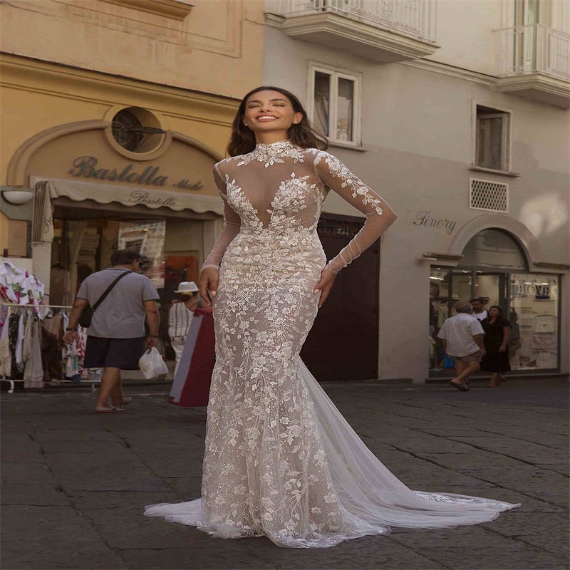 Sexy Illusion Mermaid Wedding Dresses High-neck Long Sleeve Beaded Appliqued LaceBridal Gown Backless Custom Made Hot Sale Bridal Dress