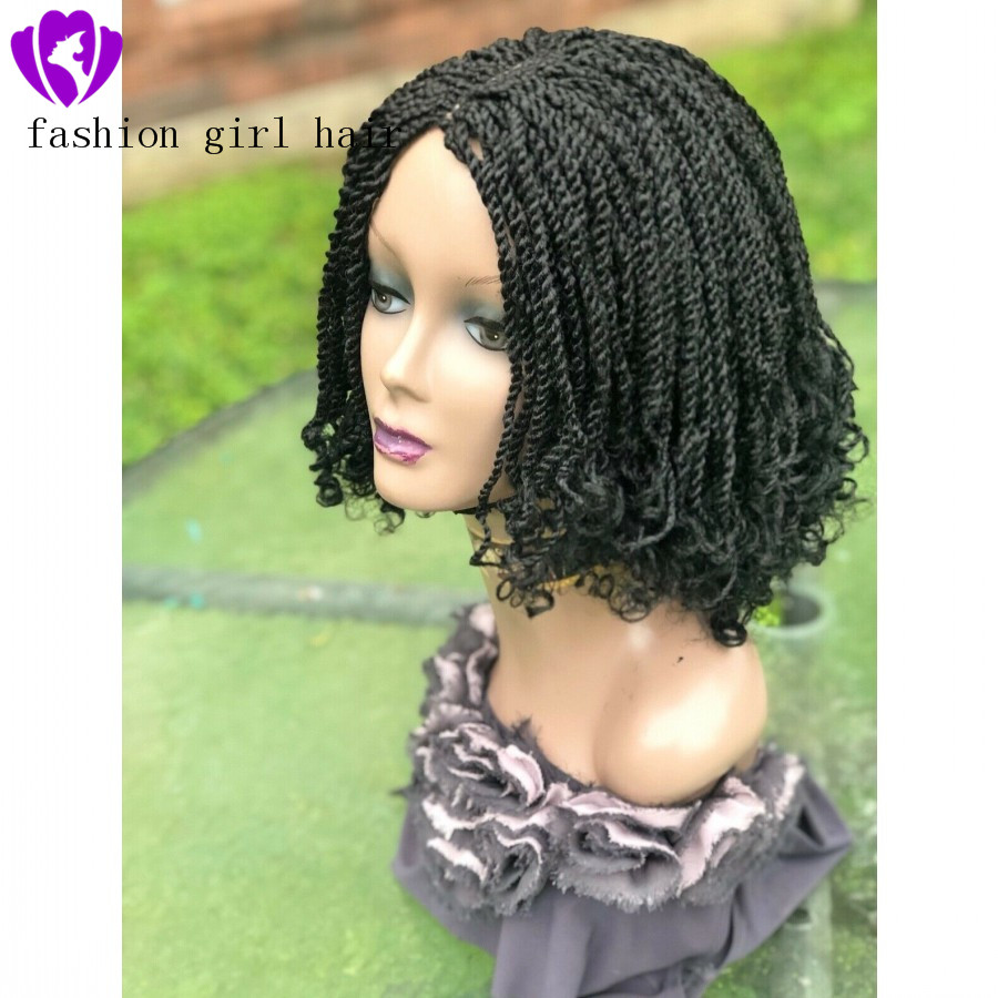 Middle part full density 14inche Short Bob Synthetic Lace Front braids Wigs for africa women Crochet braided kinkyTwist Wig with curly tips
