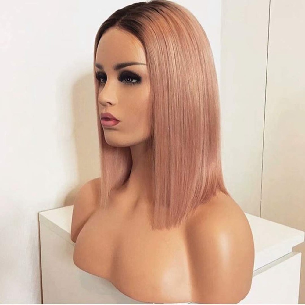 Hot Popular Natural Looking Ombe Pink Short Bob Middle Part Synthetic Wigs with baby hair Lace Front Wigs for American Black Women