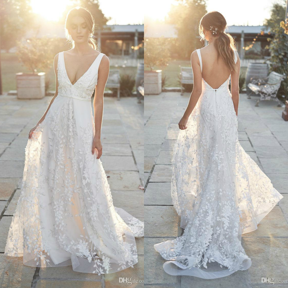 Line Bohemian A New Dresses Lace Applique V Neck Boho Sweep Train Bridal Gowns Backless Country Beach Wedding Dress Pplique pplique