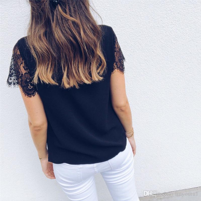 2020 Women Solid Black White Chiffon Blouses Wave V Neck Button Short Lace Sleeve Casual Blouse Woman Ladies Holiday Top Shirt Blouse