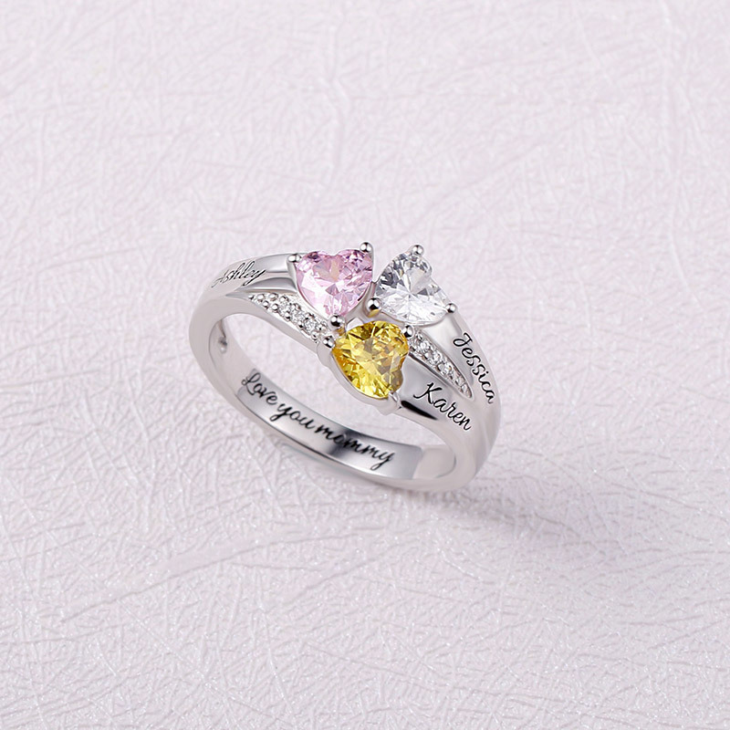 Personalized 925 Sterling Silver Rings Custom Heart Birthstone Ring With 2-5 Names Jewelry For Her Mother Day's Gift J190716