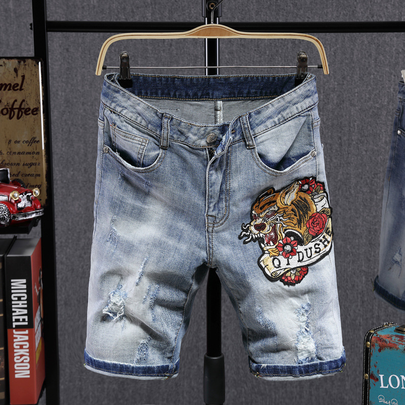 Denim shorts men's fashion logo embroidered with fashionable ripped pants in a five-minute pants trend rock revival by real brand motorcycle
