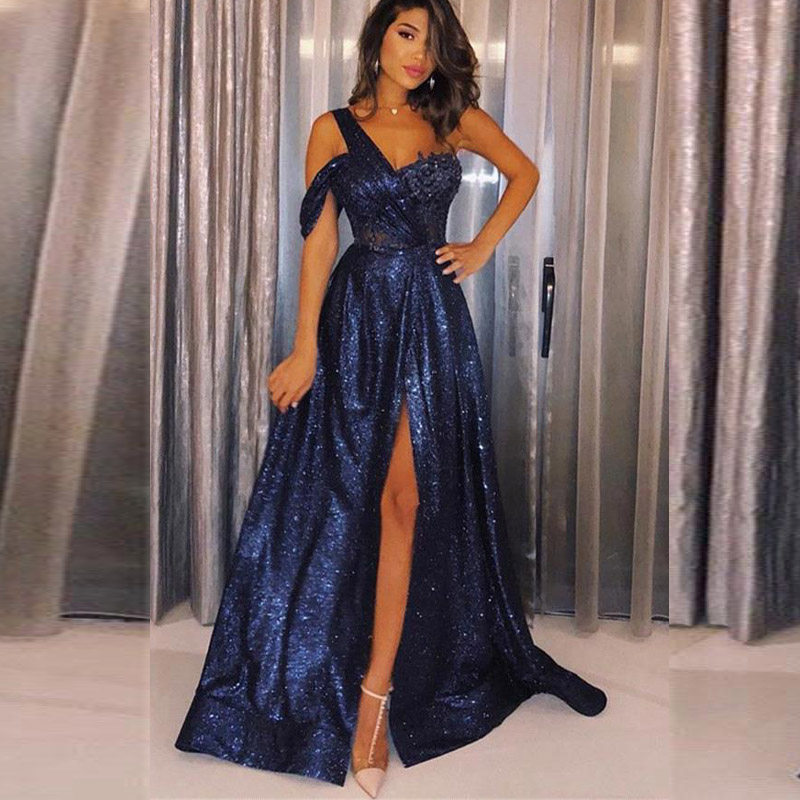 A Line Prom Dresses 2020 Sequined Prom Dresses Sexy High Thigh Split A Line One Shoulder Strap Evening Gowns Formal