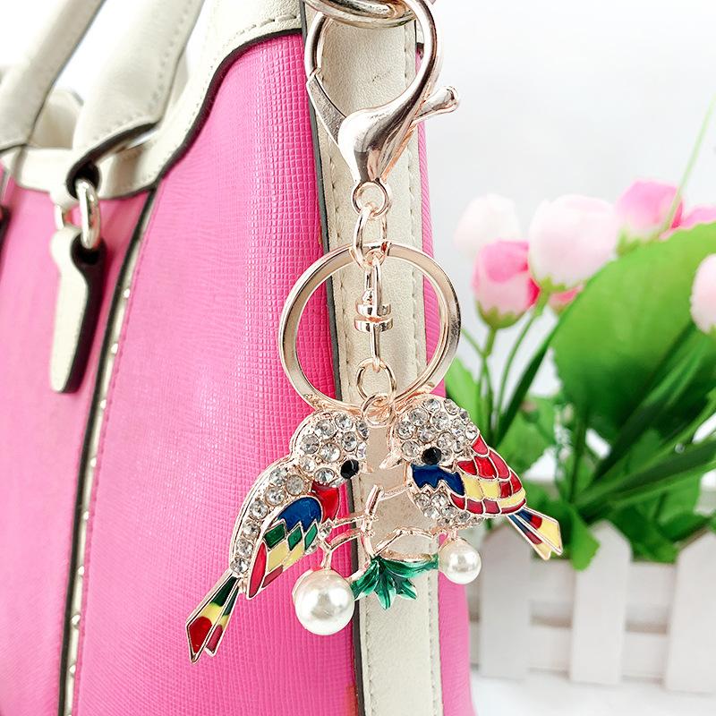 Newest Forest Bird Key Rings Holder Alloy Rhinestone Pendant Keychain Pearl Women Bag Charms 3D Keyring Chain Accessories for Car Keys