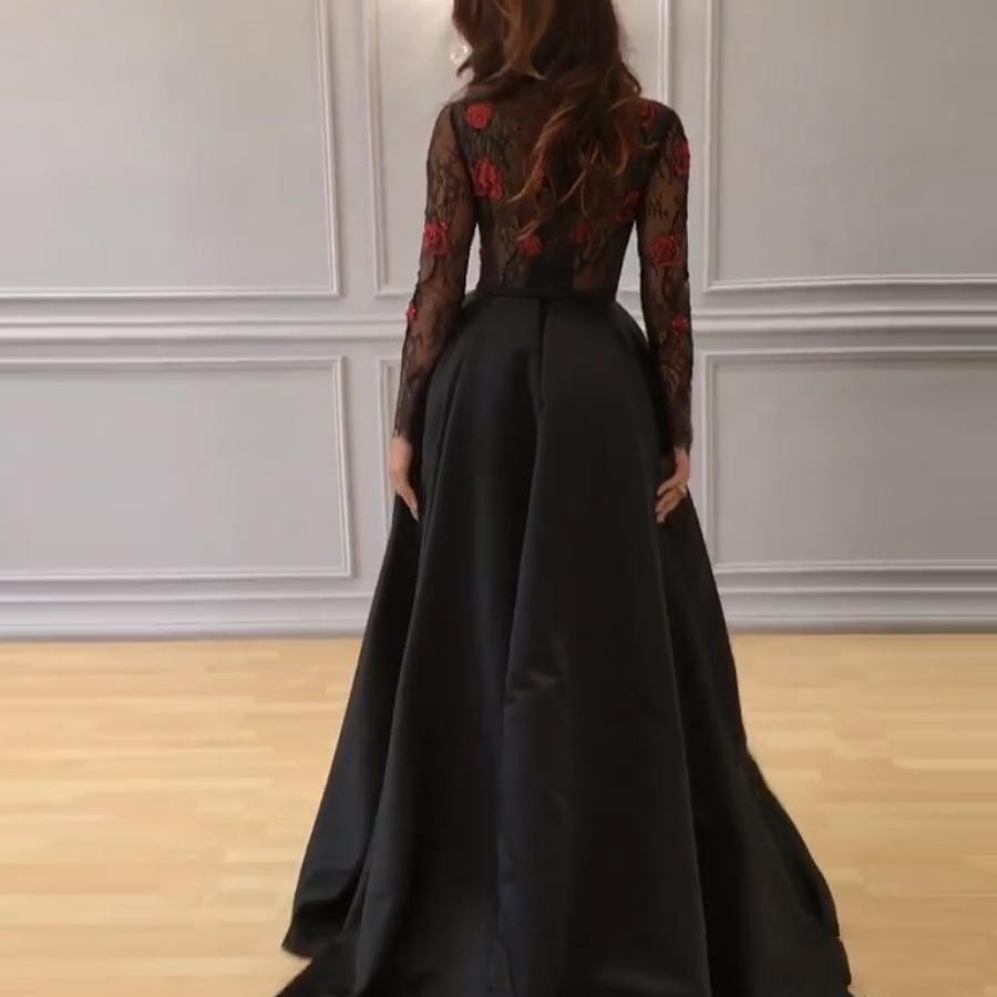 Prom Dresses Yousef Aljasmi 2019 Modest with Sheer Neck Long Sleeves Mermaid Rose Flowers Split Dubai Arabic Occasion Evening Wear Gowns
