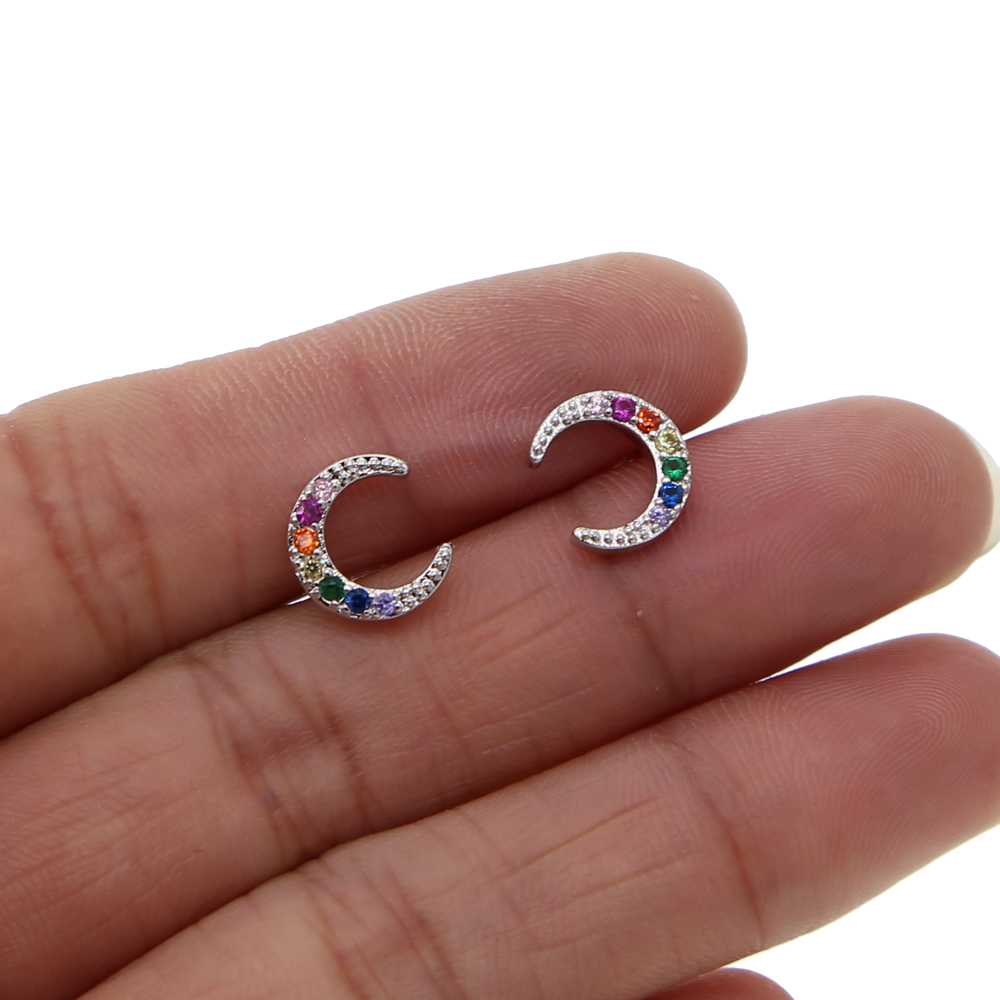 Rainbow cz crescent moon stud lovely girl stud Gold silver Color 2019 Christmas gift Moon earring