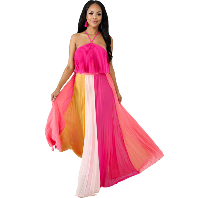 Feminino Sexy Halter Crop Top And Long Skirts Color Collision Pleated Suit Set 2020 New Summer Fashion Women Two Piece Outfits
Feminino Sexy Halter Crop Top And Long Skirts Color Collision Pleated Suit Set 2020 New Summer Fashion Women Two Piece Outfits