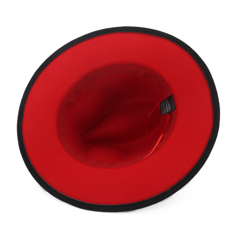 Unisex Flat Brim Wool Felt Fedora Hats with Belt Red Black Patchwork Jazz Formal Hat Panama Cap Trilby Chapeau for Men Women T200118