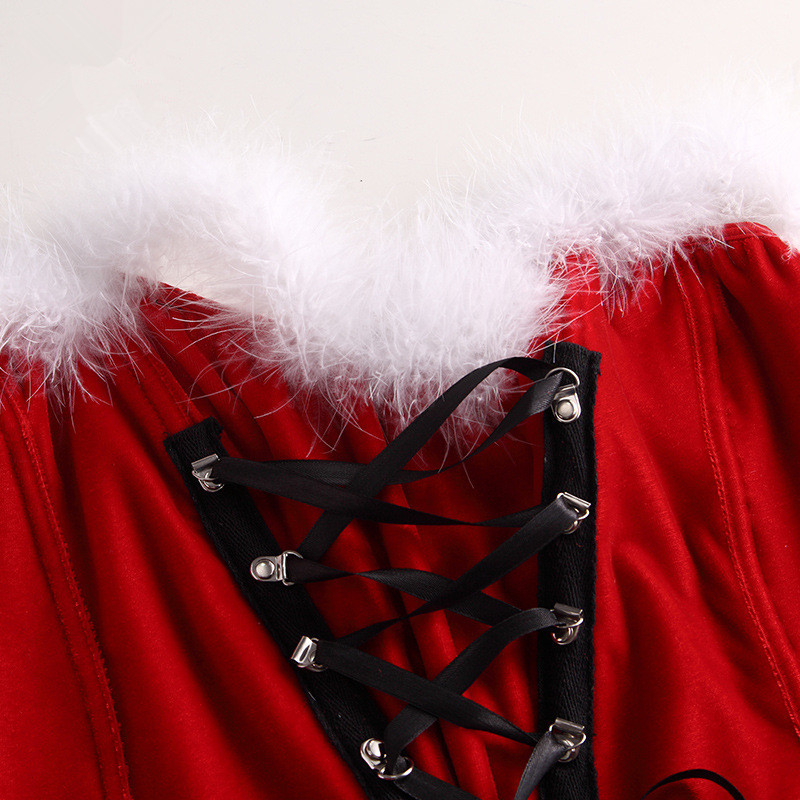 Ms. Santa Costume Christmas Outfit with White Fuzzy Trim For Girls and Women Lace-up Corset Bustier Top n Skirt Hat Set Clubwear M-XXL