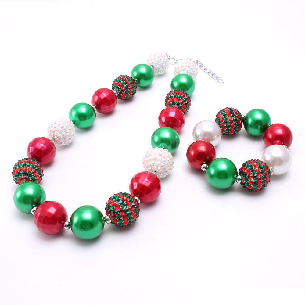 Christmas Girl Chunky Necklace bracelet 2pcs Set bubble beads boutique holiday Jewelry Sets Children Girl Gift