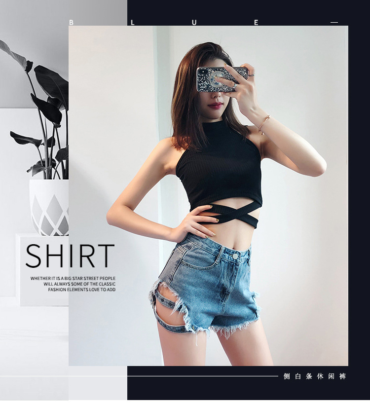Streetwear Denim Shorts For Women 2019 Summer High Waist Ripped Cool Blue And Black Shorts With Tassel Pockets Mini Short Jeans