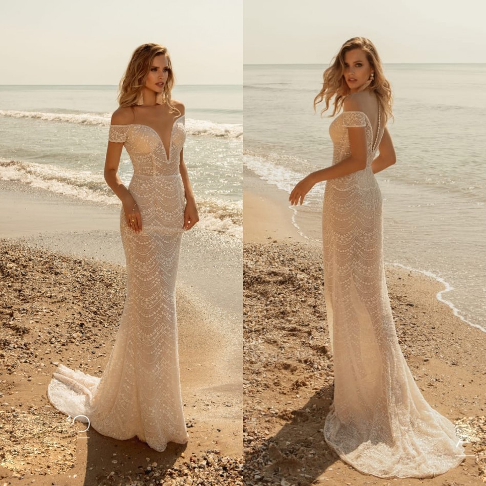 Hot Sell Mermaid Ariamobridal Wedding Dresses Jewel Neck Short Sleeve Tulle Beads Applique Wedding Gown Sweep Train Custom robe de mariée