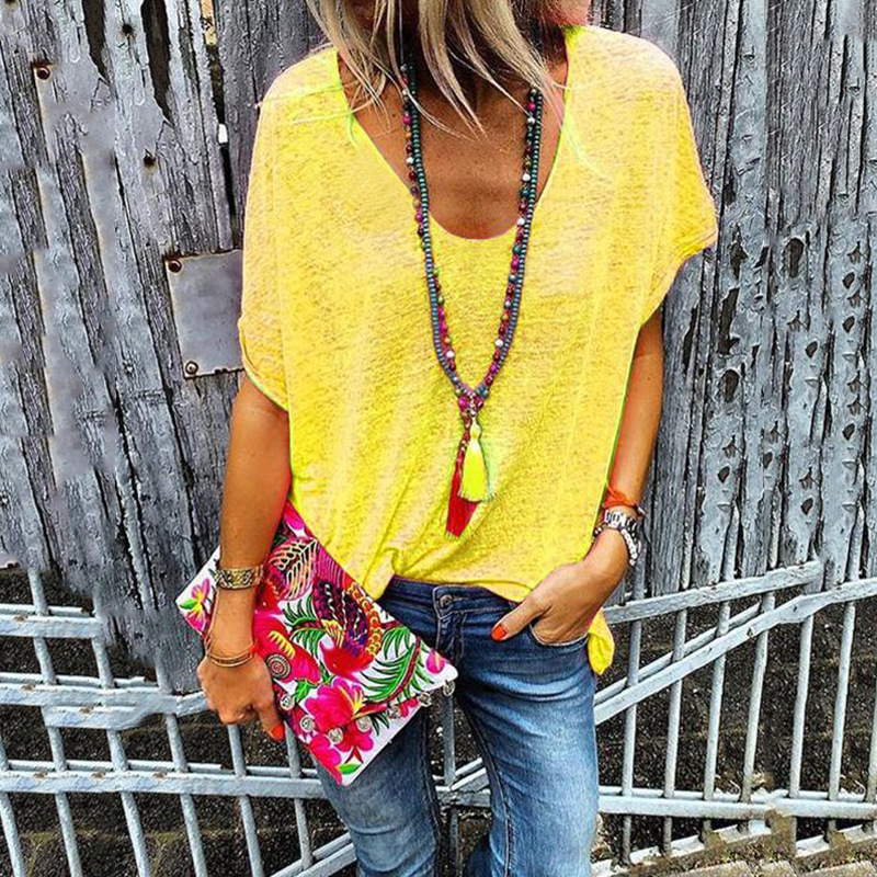 2021 European solid color V-neck short-sleeved T-shirt bottoming shirt black gray red yellow white blue support mixed batch