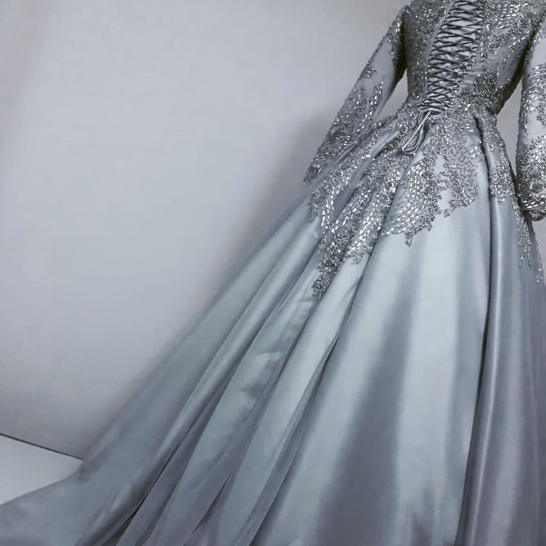 muslim ceremonial wedding attire sophisticated long sleeve lace embellished bridal ensemble in luxe grey color code zj355