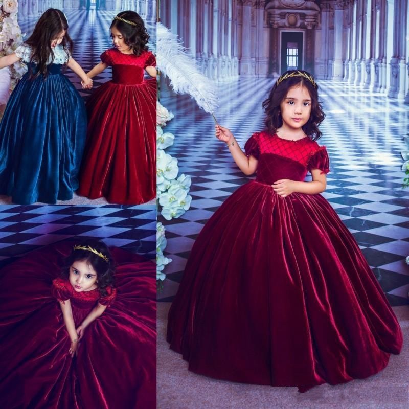 New Chea Lovely Bury Veet Girls Pageant Ball Gowns Jewel Puffy Beaded Floor Length Kids Party For Wedding Flower Girl Dresses