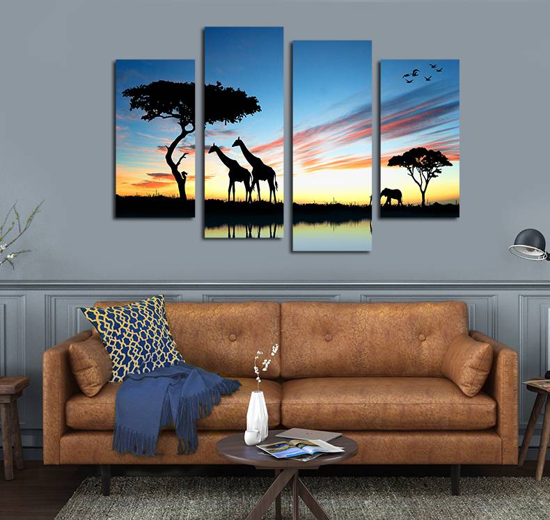 4pcs/set Unframed African Giraffe Silhouette Print On Canvas Wall Art Picture For Home and Living Room Decor