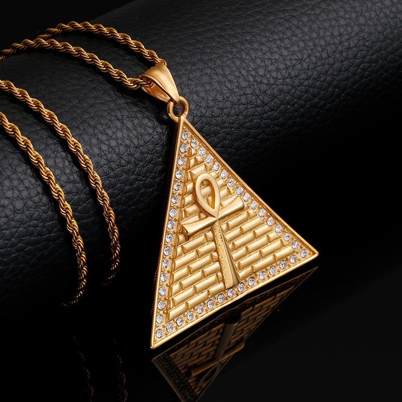 New Men Egyptian Pyramids Cross Pendants Necklace 316L Stainless Steel 18K Gold Plated Rhinestone Setting Jewelry