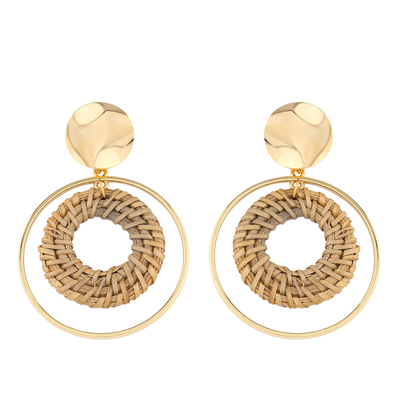 Rattan round earrings hot fashion bamboo rattan woven earrings ladies handmade round long pendant earrings ladies gifts