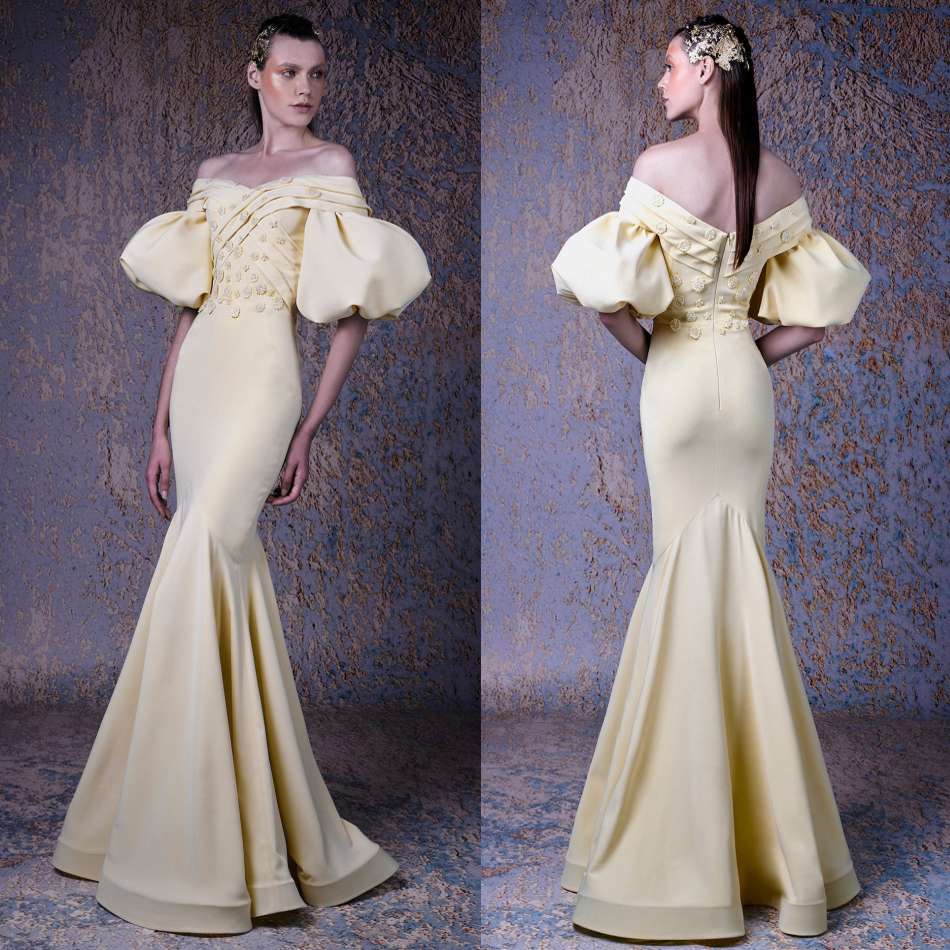 Newest Mermaid Prom Dresses Off Shoulder Puffy Short Sleeves Satin Appliqued Floor Length Evening Dresses Hot Sale Custom Made Party Dress
