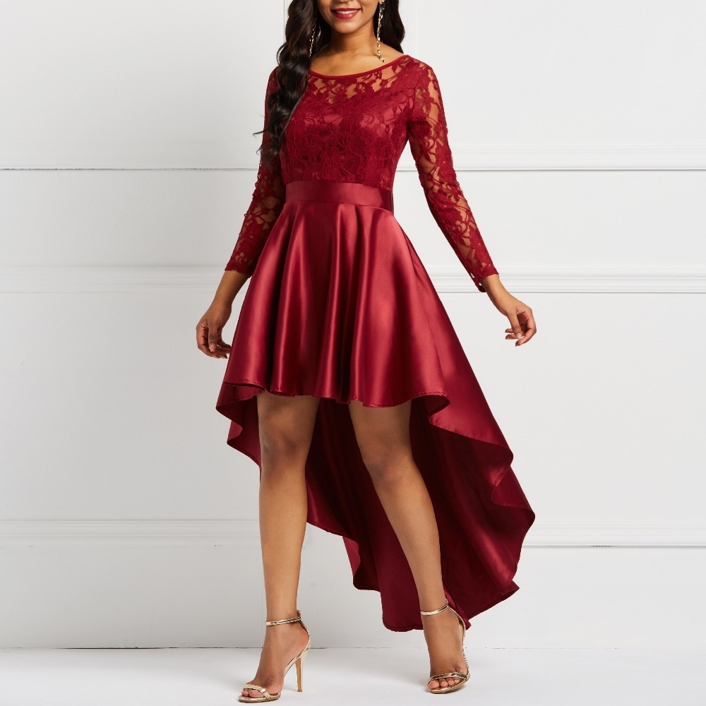 Evening Party Date Asymmetric Satin Hollow Out Floral Lace Long Dress Women Spring Summer Royal Blue Burgundy Red Maxi Dresses J190611