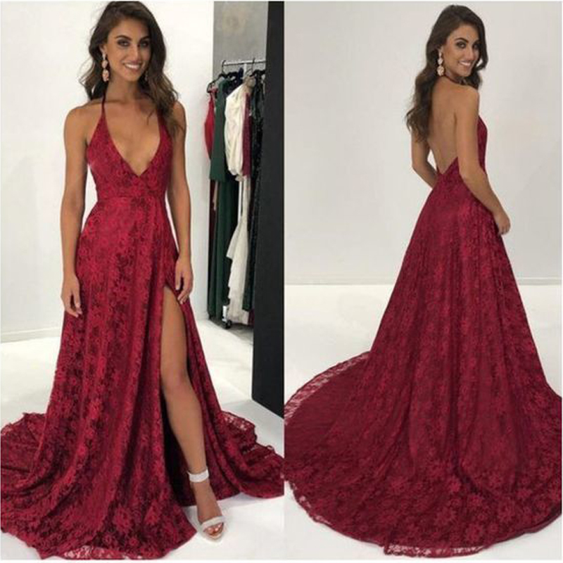 vestido Halter Backless Lace Prom Gown A Line Custom Evening Gowns Side Split Robe de soirée Girls Formal Gowns, Dark navy 
vestido Halter Backless Lace Prom Gown A Line Custom Evening Gowns Side Split Robe de soirée Girls Formal Gowns, Dark navy