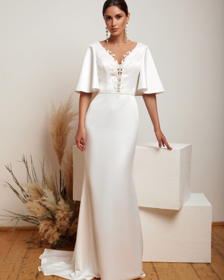 Elegant Satin Mermaid Wedding Dresses Sheer V Neck Short Sleeve Bridal Gowns Beads Backless Sweep Train Slim Wedding Dress