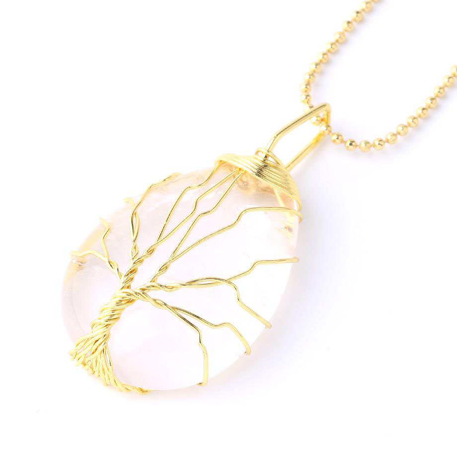 Natural Gemstone Crystal Pendant Necklaces for Men Women Rose Quartz Tiger Eye Opal Tree of Life Pendants with Gold Silver Chains