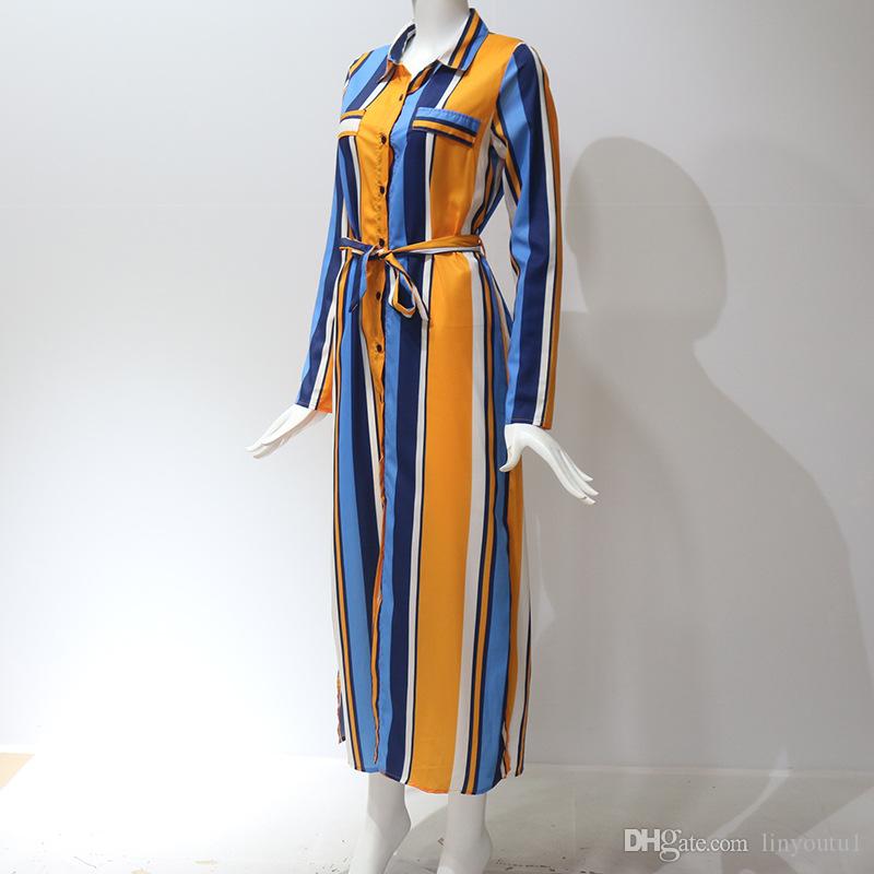 2020 Turn Down Collar Office Ladies Stripe Shirt Dress Long Chiffon Beach Dress Casual Long Sleeve Elegant Party Dress