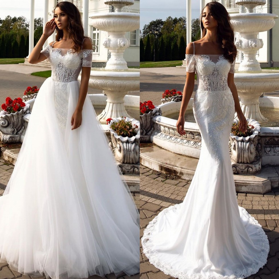Mermaid Amazing Lace Wedding Dresses With Detachable Train Off The Shoulder Neck Short Sleeves Bridal Gowns Beaded Trumpet Robe De Marie