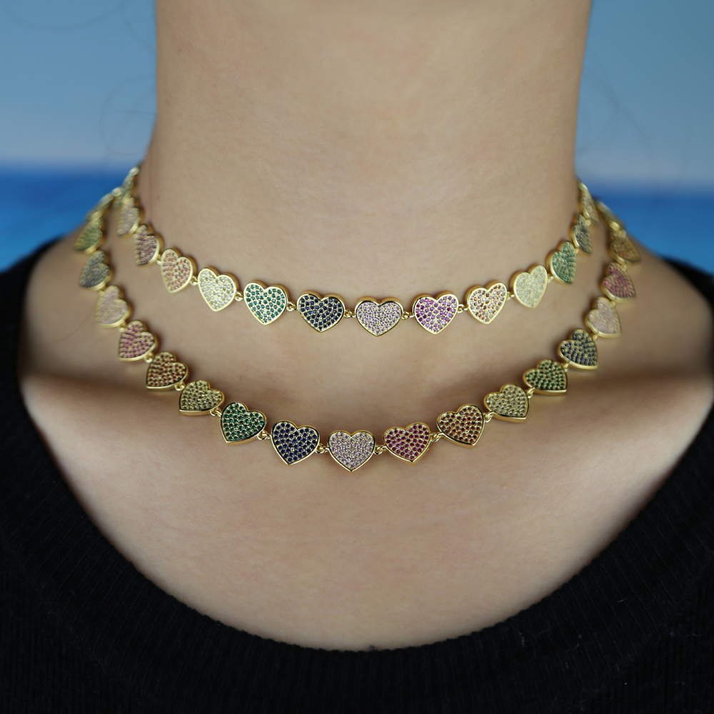 New Sweet Love Heart Choker Necklace with rainbow cz Statement Girlfriend Gift Cute Gold Silver Necklace Jewelry Collier Femme