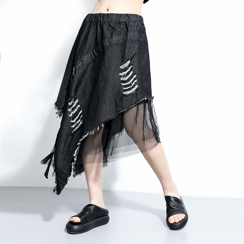 Denim Splice Mesh Irregular Gothic Long Skirt Women Summer High Waist Hole Ribbon Streetwear Hip Hop Punk Female Skirts, Black
Denim Splice Mesh Irregular Gothic Long Skirt Women Summer High Waist Hole Ribbon Streetwear Hip Hop Punk Female Skirts, Black