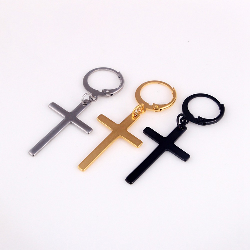 Smiple Punk Men's Cross Stainless Steel Hoop Drop Earrings New Style Hip Hop Earrings Jewelry Wholesale
