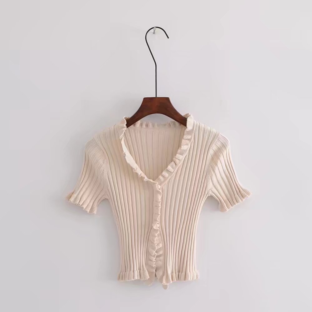 2019 Autumn Knit Sweater Female Women Ruffle Trim Crop Knit Cardigan With Short Sleeve Deep V Neck Crop Casual Jumper Pu