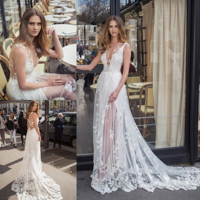 Stylish Bohemian Beaded Beach Wedding Dresses Sheer Deep V Neck Lace Bridal Gowns A Line Sweep Train Tulle Side Split robe de mariée