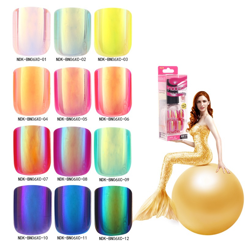 Image of NADECO 24pcs Full Cover UV Gel Nail Tip Mermaid Iridescence Nails Art Fake Nails Extension Tips