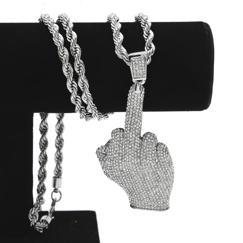 Fashion-Mens Iced Out Pendant Hip Hop Necklace Erect Middle Finger Bling Pendant Necklace Hiphop Jewelry 250615