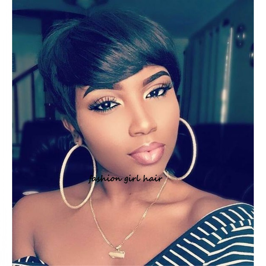 150density full Brazilian Short Pixie Cut None lace front Wigs with bangs 100% Remy Human Hair Wig For Black Women