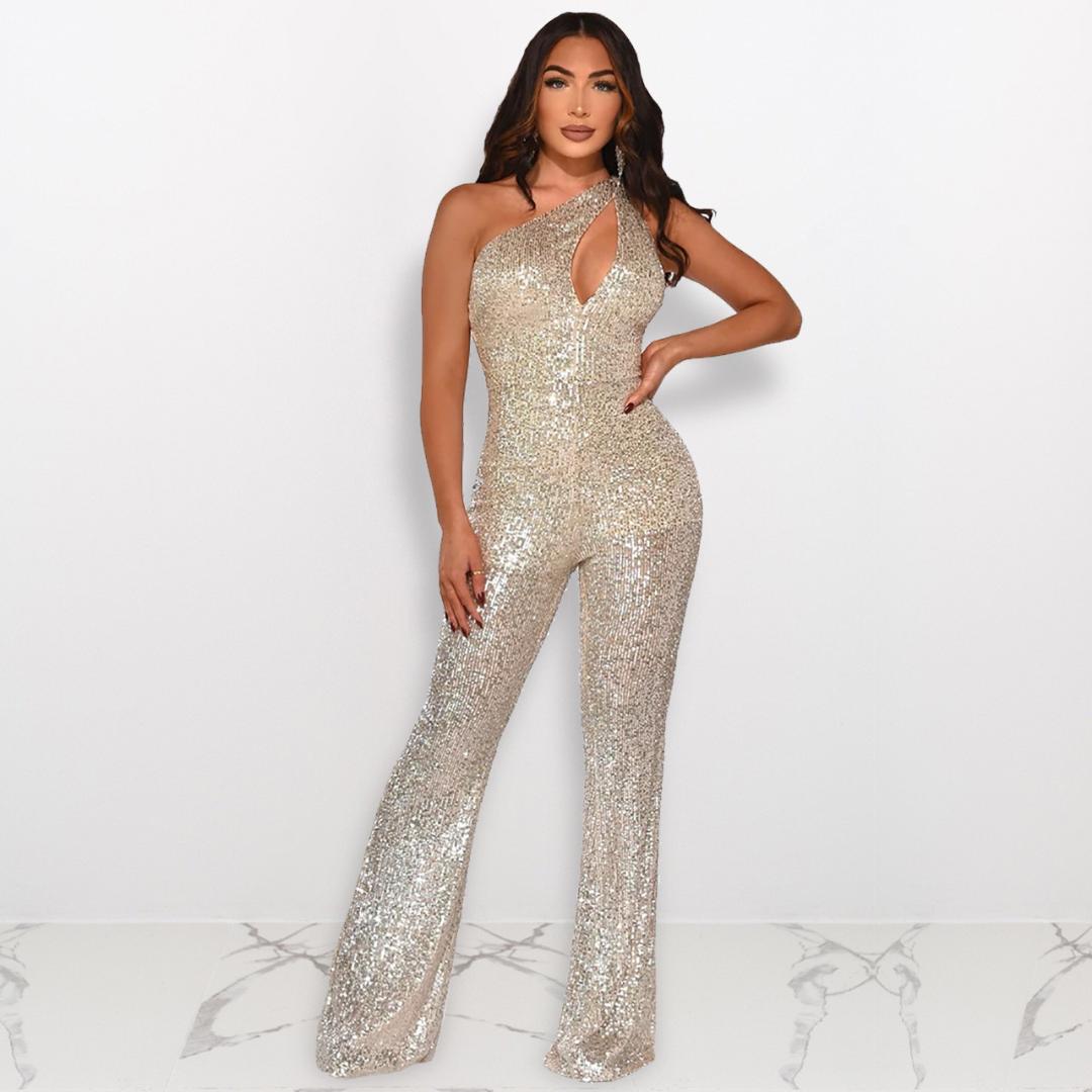 MEQ403 Hot Sale Womens Sequin Cloth Hollow Slant Shoulder Sexy Wide Leg Nightclub Jumpsuit Women Party Street Casual