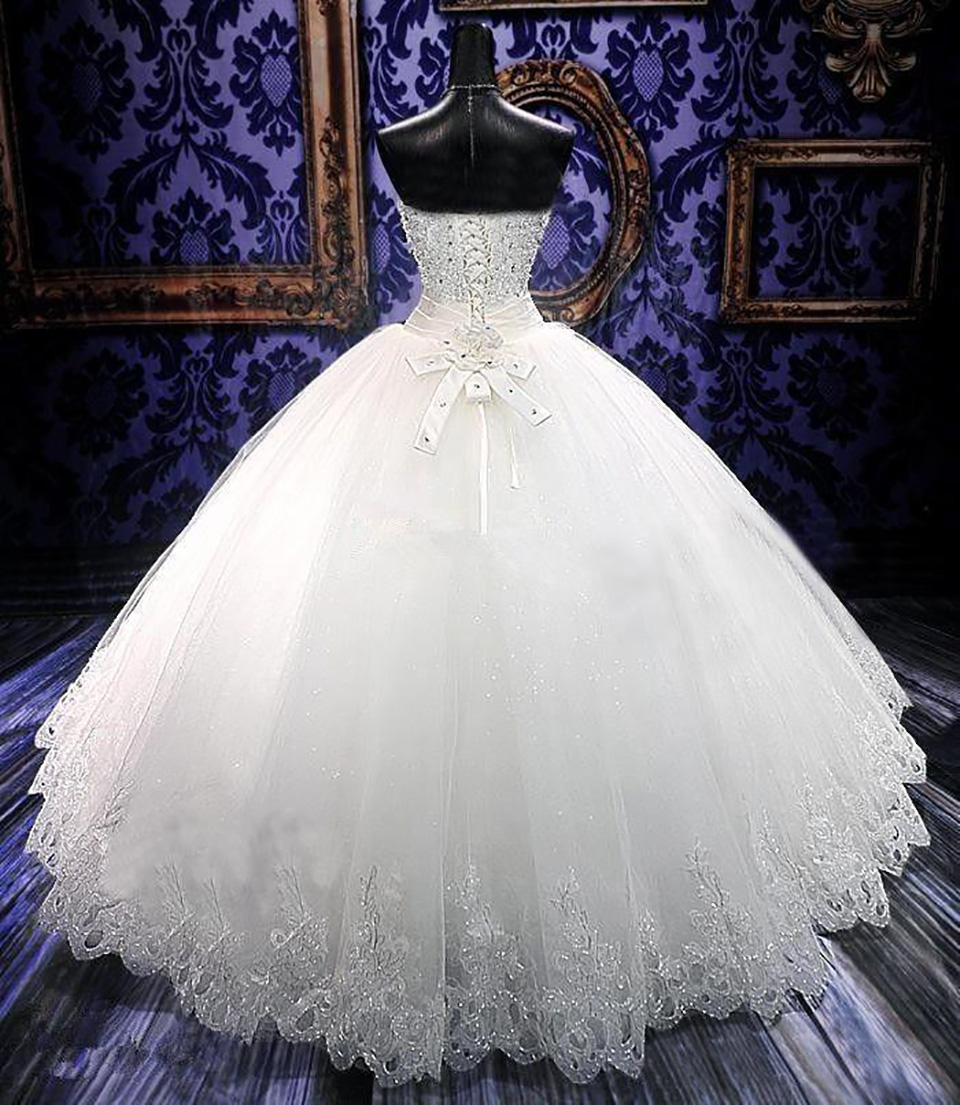 New High Quality Real Photo Bg Crystal Dresses Back Bandage Tulle Appliques or-Length Ball Gown Wedding Gowns