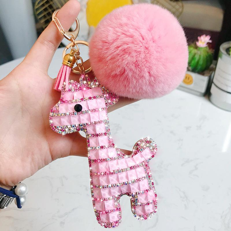 Cute Rhinestones Giraffe Keychain Doll Animal Key Ring Car Bag Pendant Rabbit Fur Pom Pom Key Chains Gift Trinkets Porte Clef