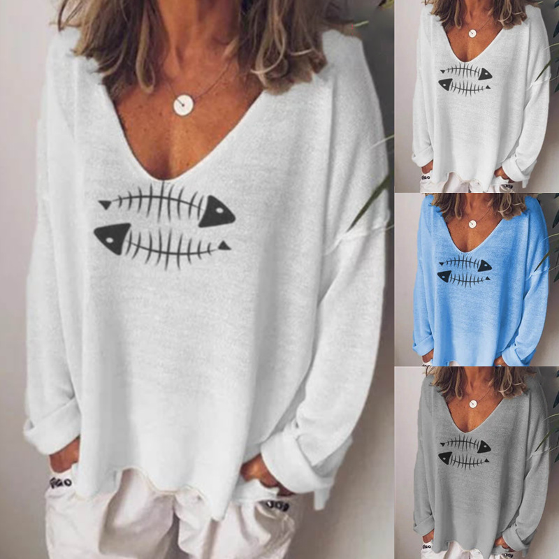 2020 funny t shirts women Casual Solid Fish Bone Print Loose Short Sleeve summer daily tops cute Shirt streetwear